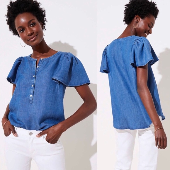 LOFT Tops - Ann Taylor Loft Women Chambray Denim Henley Blouse